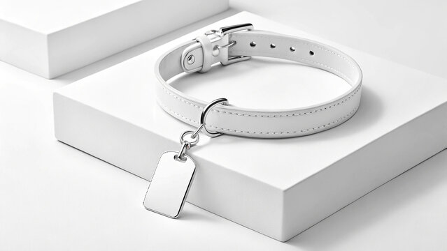 White leather dog collar with blank tag isolated on white background, a stylish and elegant accessory for pet identification and fashion, studio shot