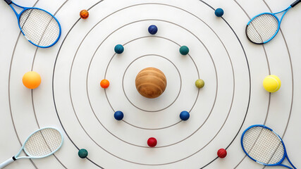 Cosmic Sports Tennis Equipment Arranged in a Solar System Design
