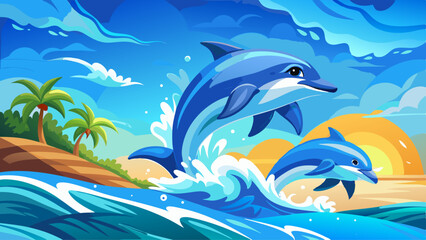 Two dolphins leap from crystal-clear waves under a bright blue sky, celebrating joy, playfulness, freedom, and the wonder of marine life in a sunlit coastal paradise.

