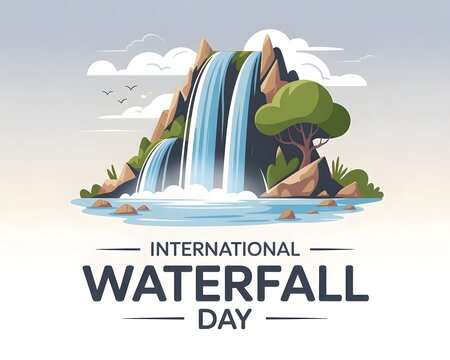 A stunning waterfall cascades down rocky cliffs, surrounded by vibrant green foliage in a serene, natural setting. Lush Waterfall Celebrates International Waterfall Day. 
