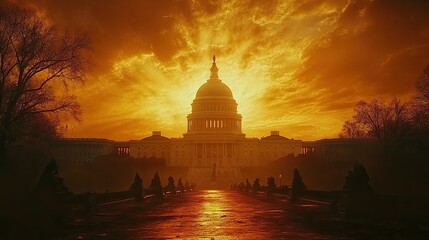 Obraz premium Dramatic sunrise over the capitol building, silhouetted figures.