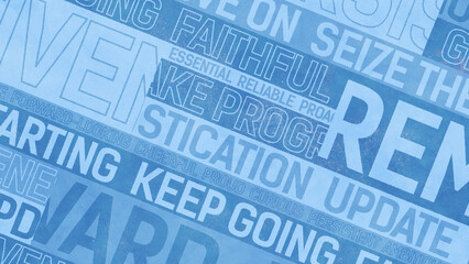 ポジティブな英単語が大小さまざまに斜めに並んだスタイリッシュな背景 - ブルー