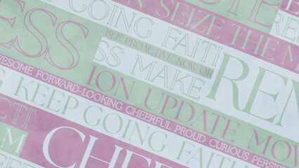 ポジティブな英単語が大小さまざまに斜めに並んだスタイリッシュな背景 - 春カラー