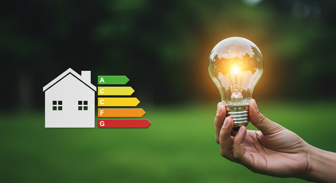 Sustainable energy concept with efficiency chart and light bulb held outdoors