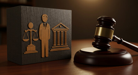Symbolic depictions of justice and law with gavel and courthouse image