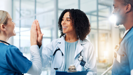 Doctor, woman and team with high five, smile and clipboard for results, breakthrough and...