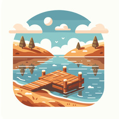 Scenic wooden dock overlooking a calm lake surrounded by hills  