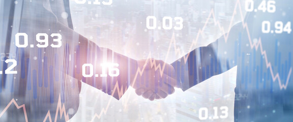 Business infographics on abstract city background. Histograms and lines with percentages icons