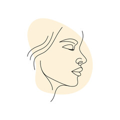 Minimalist one line drawing of a woman's face profile with a beige shape.