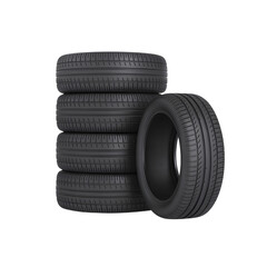 Stacked Car Tires on Transparent Background, Automobile Vehicle, Black Rubber Texture