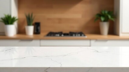 Marble empty white table top fron view, blur minimalistic scandy kitchen interior background in brown wooden colour and light wood, for montage product display or design key visual layout
