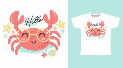 Cute crab hand drawn illustration vector, ready for print on t-shirt and other uses.