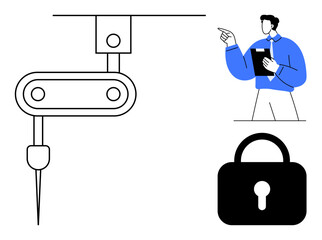 Automation equipment with needle, person holding clipboard pointing while analyzing, and a security lock. Ideal for automation, robotics, safety, data management, industry, precision technology