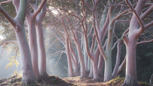 Pink and green beech trees in misty forest sunlight - Powered by Adobe