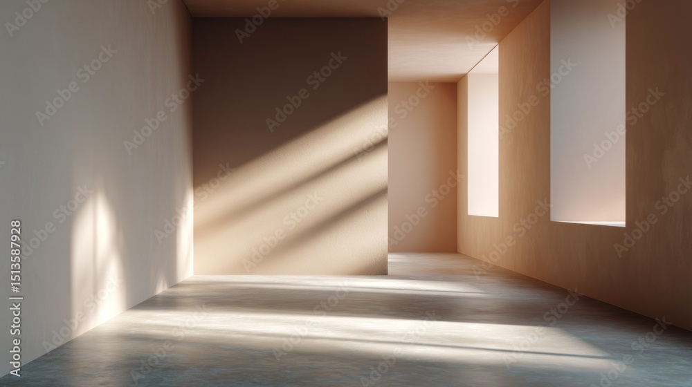 Poster natural light floods a spacious walk-in area, highlighting the minimalist design. soft shadows play 