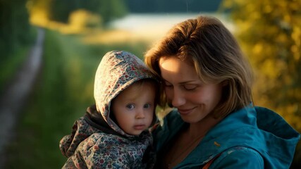 Portrait of a woman holding baby in hooded jacket in front of scenic path with trees in the background, family moment in nature