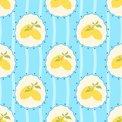 Seamless vector illustration with lemons framed by wavy blue lines and dots on striped turquoise background. Bright design of Mediterranean citrus fruits in flat style.