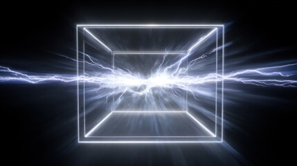 Futuristic glowing rectangular frame with intense white-blue energy burst resembling lightning, radiating dynamic power and motion against a pitch-black background, high-energy concept with vibrant bl