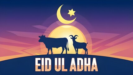Eid al-Adha Celebration with Goat, Cow and Crescent Moon