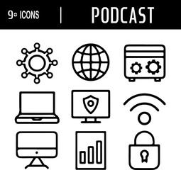 set vector icon podcast - Minimal Flat Vector of Podcast Studio Interior - Flat Vector of Music and Podcast Production Tools - Flat Design Podcast Icon Set – Mic, Headphones, and Audio Wave