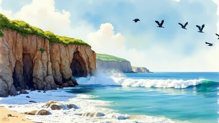 Coastal cliffs with crashing waves and seagulls flying over a vibrant seascape at dawn - Powered by Adobe