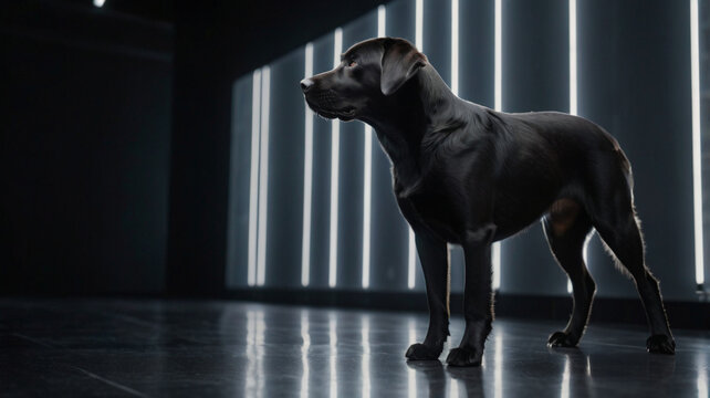 Elegant black labrador retriever standing in a modern studio with sleek lighting, showcasing its graceful profile and noble demeanor in a sophisticated setting