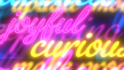 ポジティブな英単語が大小さまざまに重なったネオンのような背景 - CMYKカラー