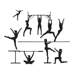 Set of black gymnast' silhouettes isolated on white background