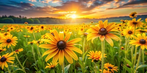Obraz premium Yellow Rudbeckia flowers blooming in a lush green meadow at sunset