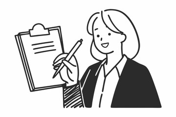 Smiling confident caucasian young businesswoman auditor writing on clipboard, signing contract document isolated in white background
