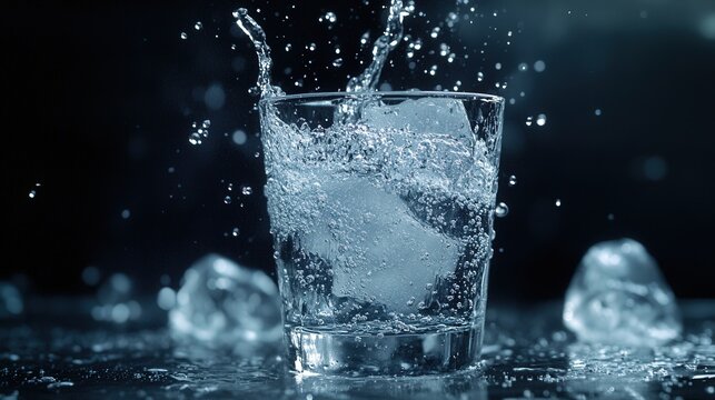 A carbonated beverage being poured into a glass with ice, the resulting splash and bubbles creating an exciting moment, enhanced by a dark background.