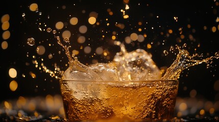 A carbonated beverage being poured into a glass with ice, the resulting splash and bubbles creating an exciting moment, enhanced by a dark background.