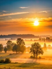Obraz premium A serene landscape with a misty horizon and the sun slowly rising above the trees