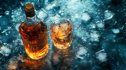 A whiskey bottle with ice-filled glasses on a dark surface, surrounded by scattered ice pieces