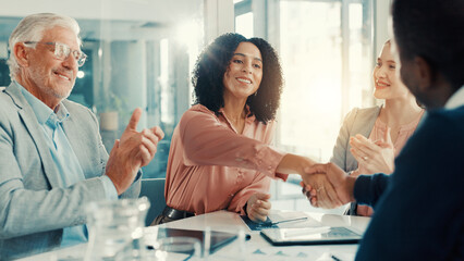 Shaking hands, clapping and business people in office for meeting with finance deal or partnership....