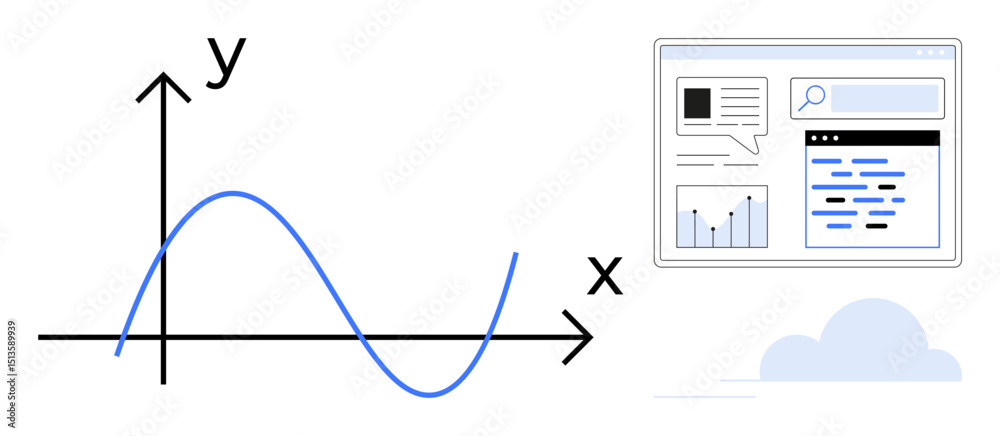 Poster graph with x-y axis showcasing data trends, next to a web dashboard displaying charts and text. idea