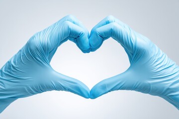 Hands in blue gloves forming a heart shape against a light background symbolizing care, love, and healthcare support