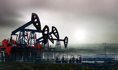 Drilling derricks silhouette from oil field at sunset. Energy supply crisis, power supply, energy crisis. Oil pump, oil industry equipment, 3D rendering illustration