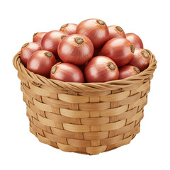 Overflowing basket of reddish onions, bulbs piled high, natural light, earthy colors, white bg