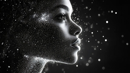 A woman's face is shown with dots in the shape of a head and a line of dots in the shape of a woman's head