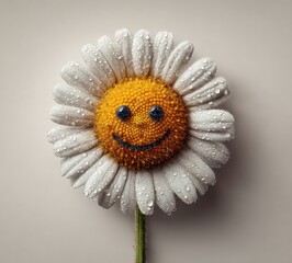 Cheerful flower with smiley face made of petals and water droplets, vibrant colors, bright and happy mood, nature concept