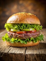 Juicy beef patty sandwich with crisp lettuce on a toasted bun