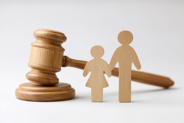 Wooden Gavel with Figurines Symbolizing Justice and Family Law in Light Background for Legal and Parental Rights Concepts