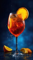 Refreshing Sparkling Beverage with Citrus Garnish on a Vibrant Blue Background and Ice Cubes Splashing