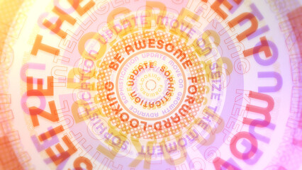 大きな円にポジティブな英単語が並んだ色セロハンのようなポップな背景 - オレンジ