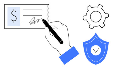 Hand signing a check with dollar sign, gear for operations, and shield with tick for security. Ideal for finance, banking, transactions, authorization, security operations compliance. Flat simple