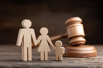 Wooden figures of family with gavel on wooden table, symbolizing family law, justice, and legal matters in society