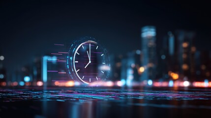 Futuristic Clock Symbolizing Time Management in Urban Nightscape with Blurred City Lights and Neon Elements