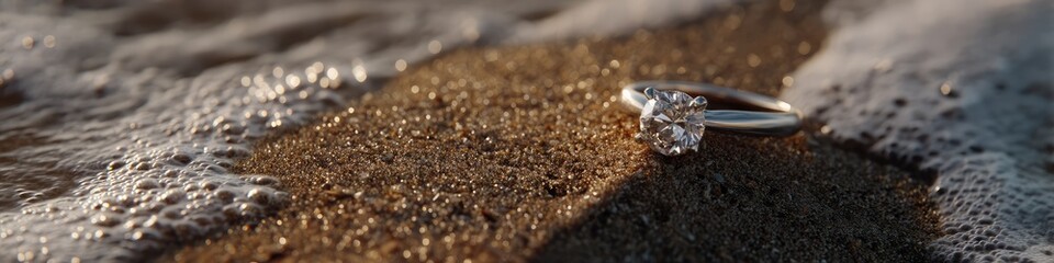 Sparkling Diamond Engagement Ring Resting on Wet Sandy Shore with Gentle Ocean Waves in Background