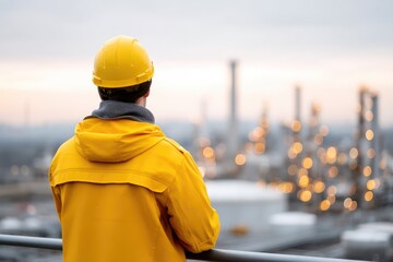 Worker in Yellow Rain Jacket and Hard Hat Observing Industrial Landscape at Dusk with Flaring Towers and Soft Bokeh Lights